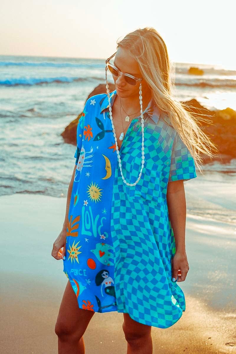 Love Peace Art Blue Shirt Dress | Resort Style Dress