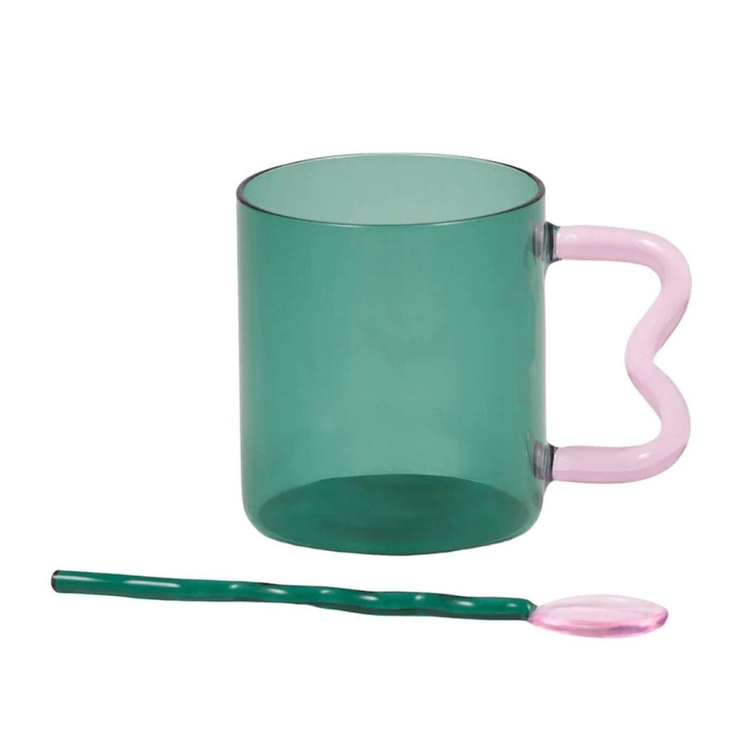 Wave Glass Mug and Spoon Set - Jade and Posy Pink