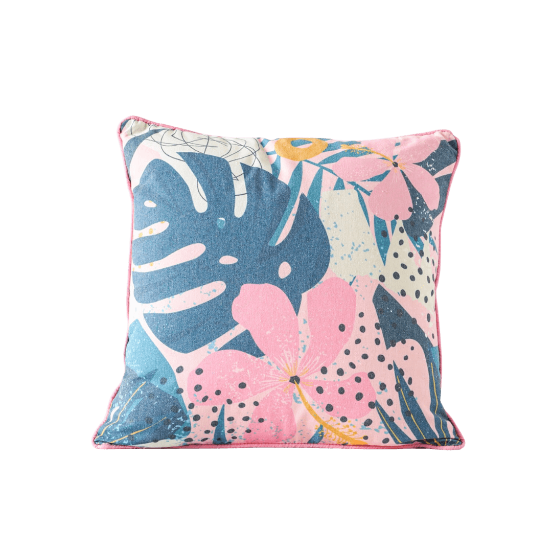 Pink palm leaf and frangipani coastal cushion cheap