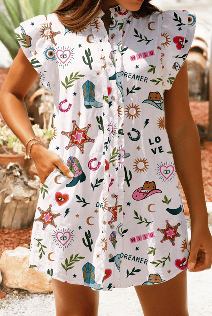 Western Flutter Sleeve Shift Dress (White)