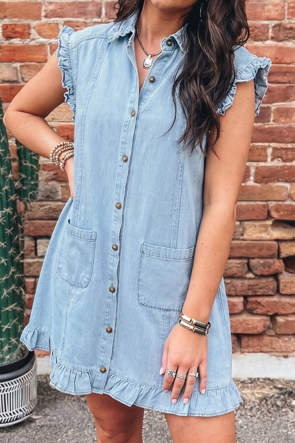 Ruffled Edge Blue Denim Shift Dress