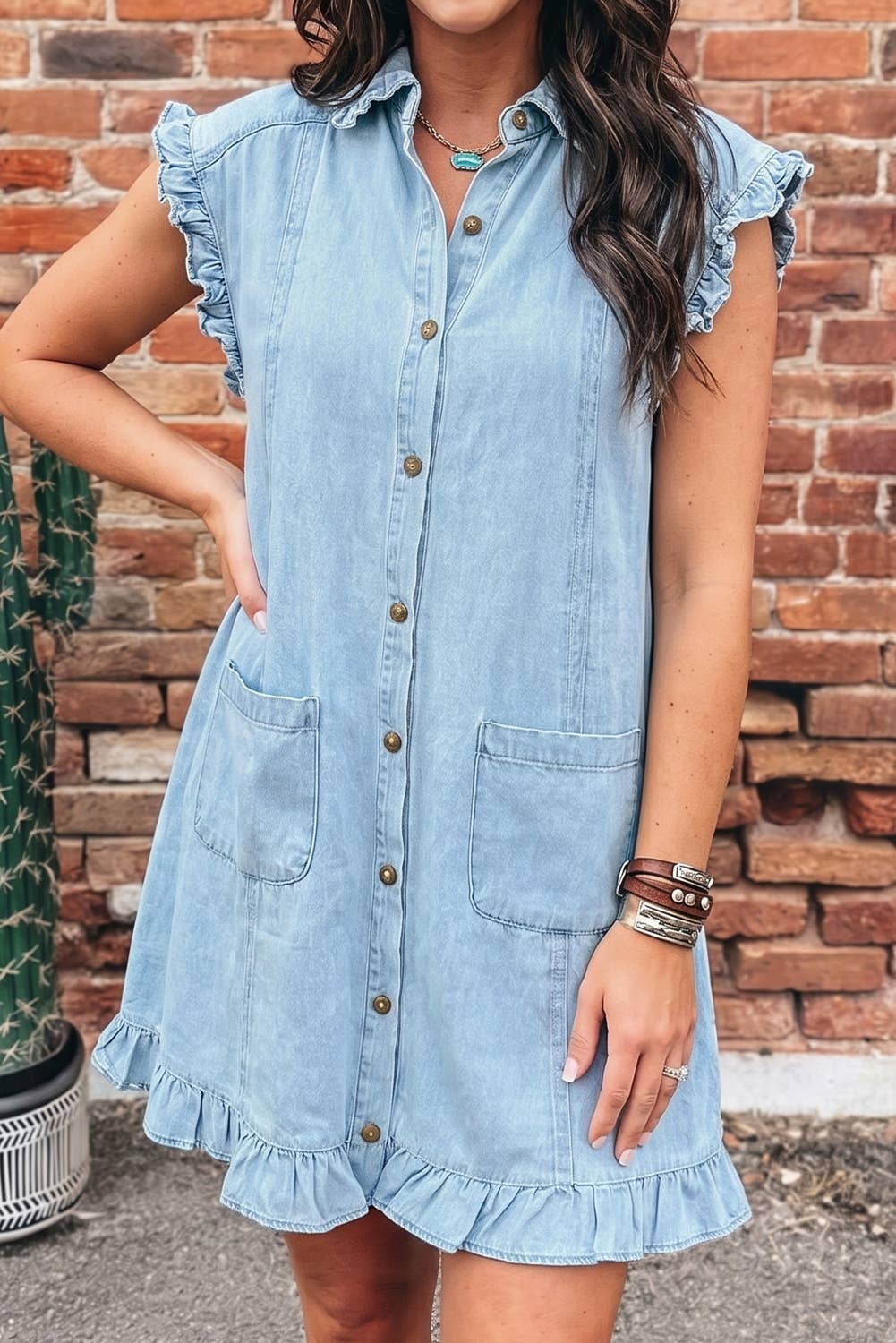 Ruffled Edge Blue Denim Shift Dress