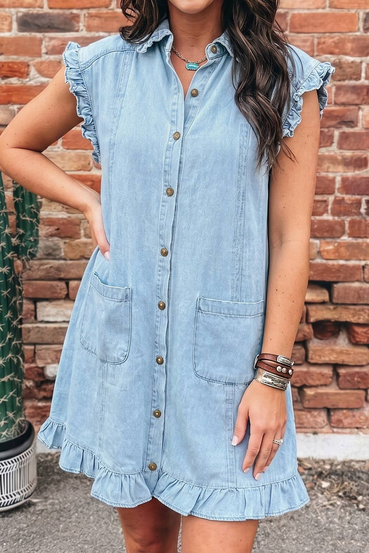 Ruffled Edge Blue Denim Shift Dress