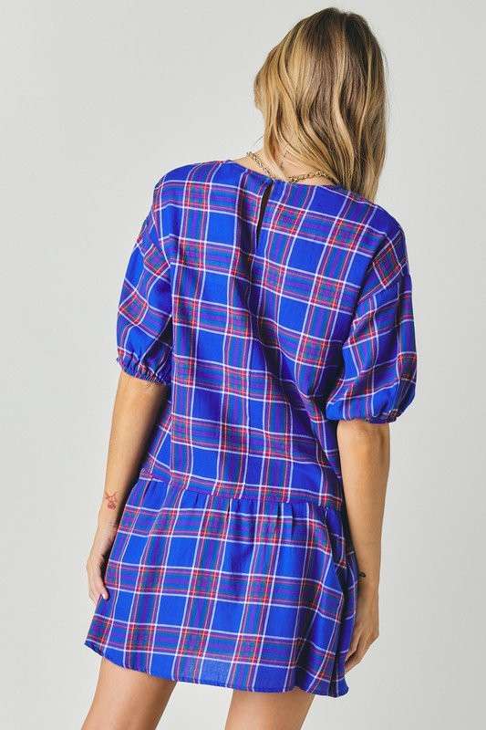 Bayside Blue Tartan Print Drop Waist Dress W/ Puff Sleeves