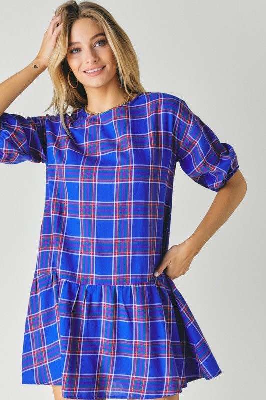 Puff sleeve tartan dress for winter