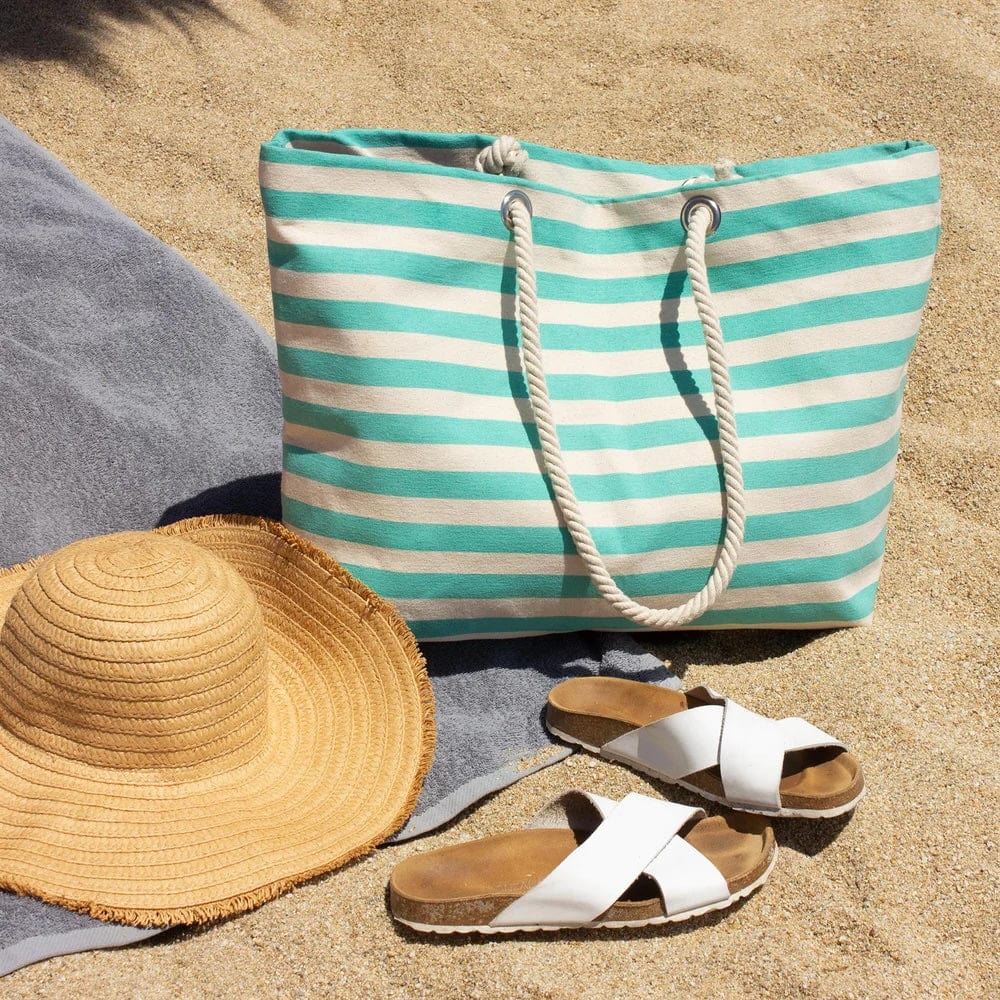 Mint green and cream striped canvas beach / tote bag