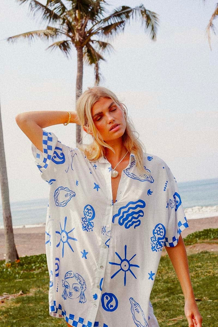 Blue Bae Ocean Print Shirt Dress