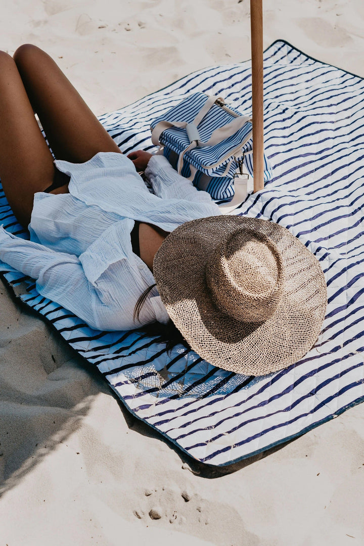 Good Vibes™ 2x2m Premium Picnic Mat Blanket - Mediterranean Blue and White Stripe
