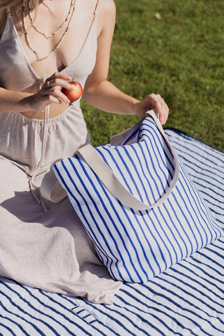 Good Vibes™ Beach Bag With Inner Pocket - Mediterranean Blue and White Stripe