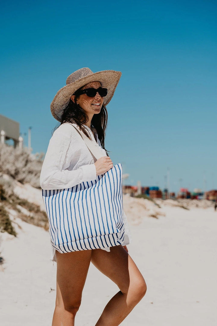 Good Vibes™ Beach Bag With Inner Pocket - Mediterranean Blue and White Stripe