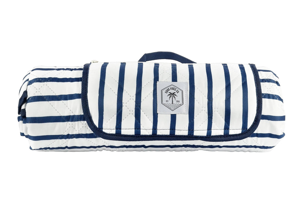 Good Vibes™ 2x2m Premium Picnic Mat Blanket - Mediterranean Blue and White Stripe