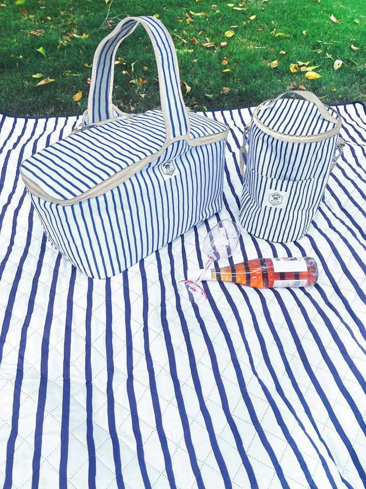 Good Vibes™ 2x2m Premium Picnic Mat Blanket - Mediterranean Blue and White Stripe