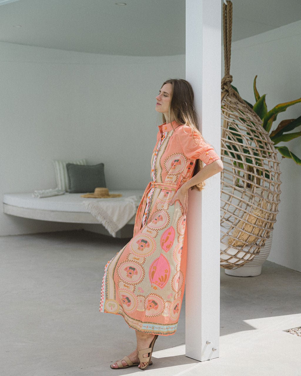 Palm Belted Midi Dress  - Melon