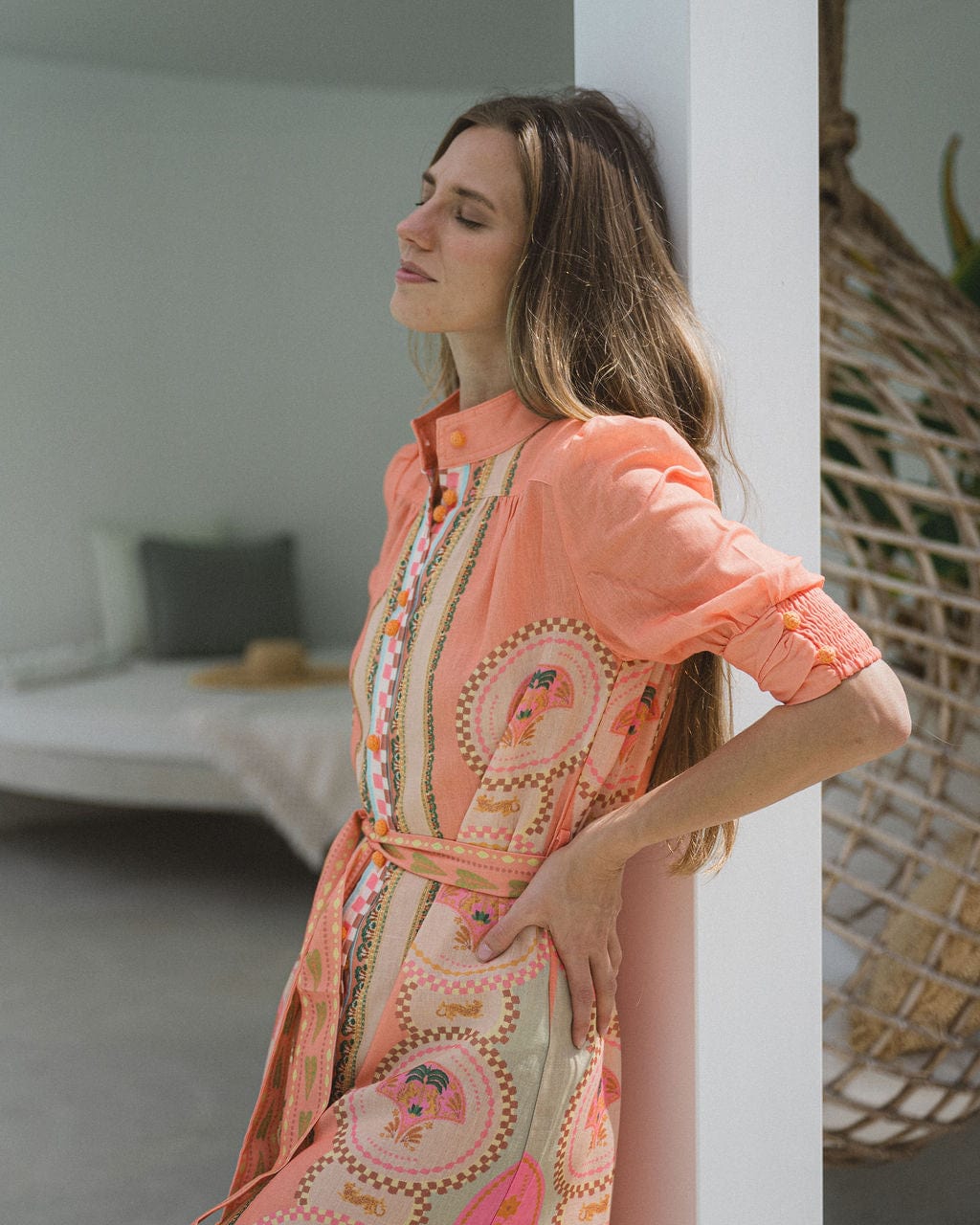 Palm Belted Midi Dress  - Melon