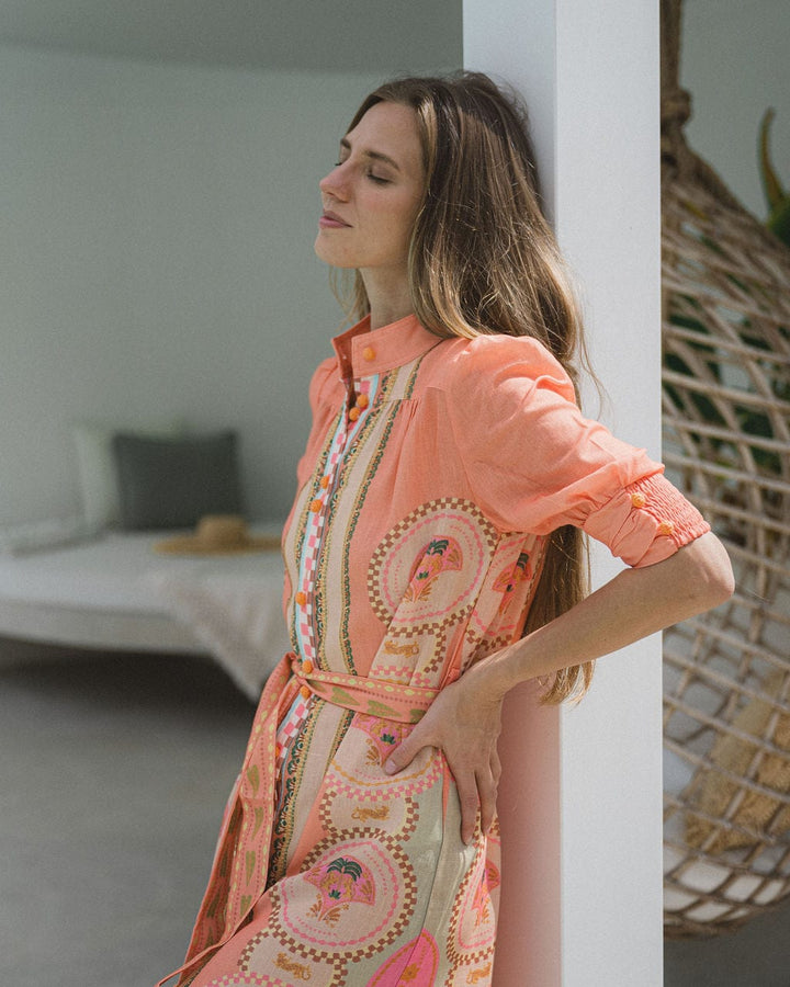 Palm Belted Midi Dress  - Melon