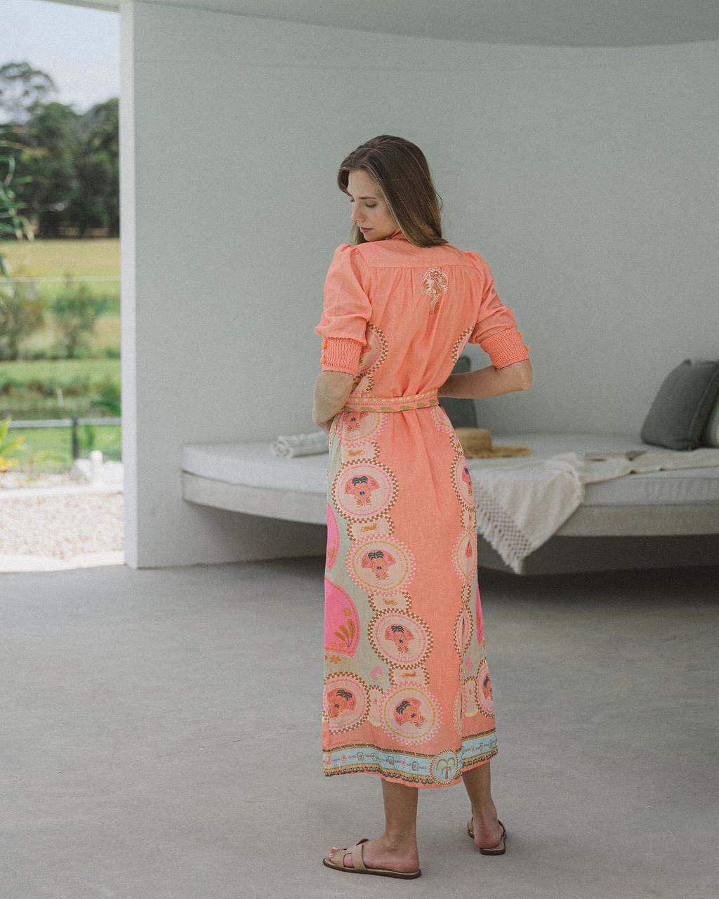 Palm Belted Midi Dress  - Melon