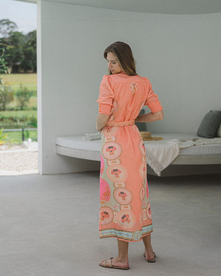 Palm Belted Midi Dress  - Melon