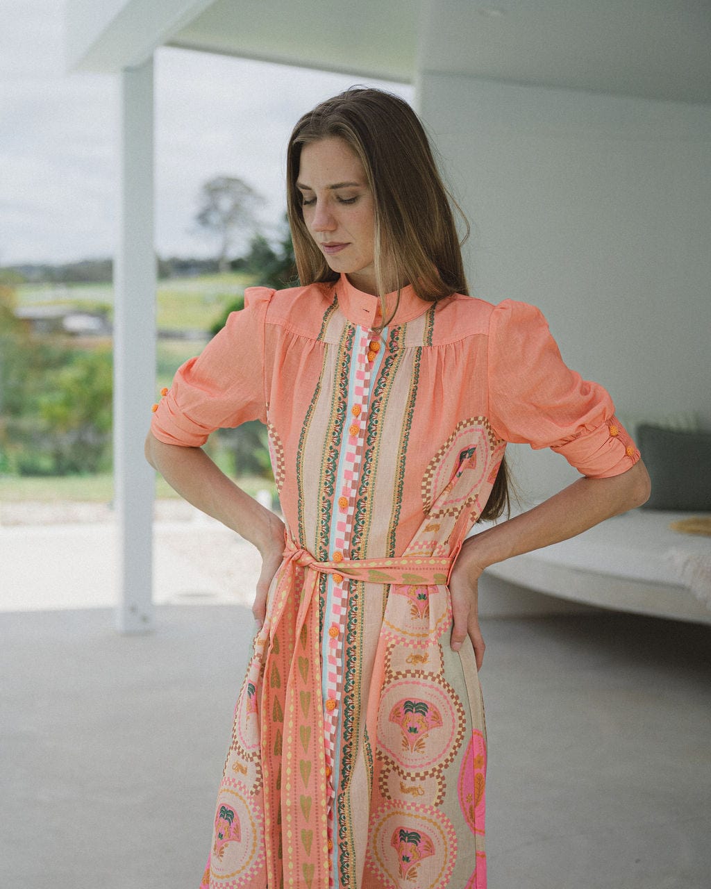 Palm Belted Midi Dress  - Melon