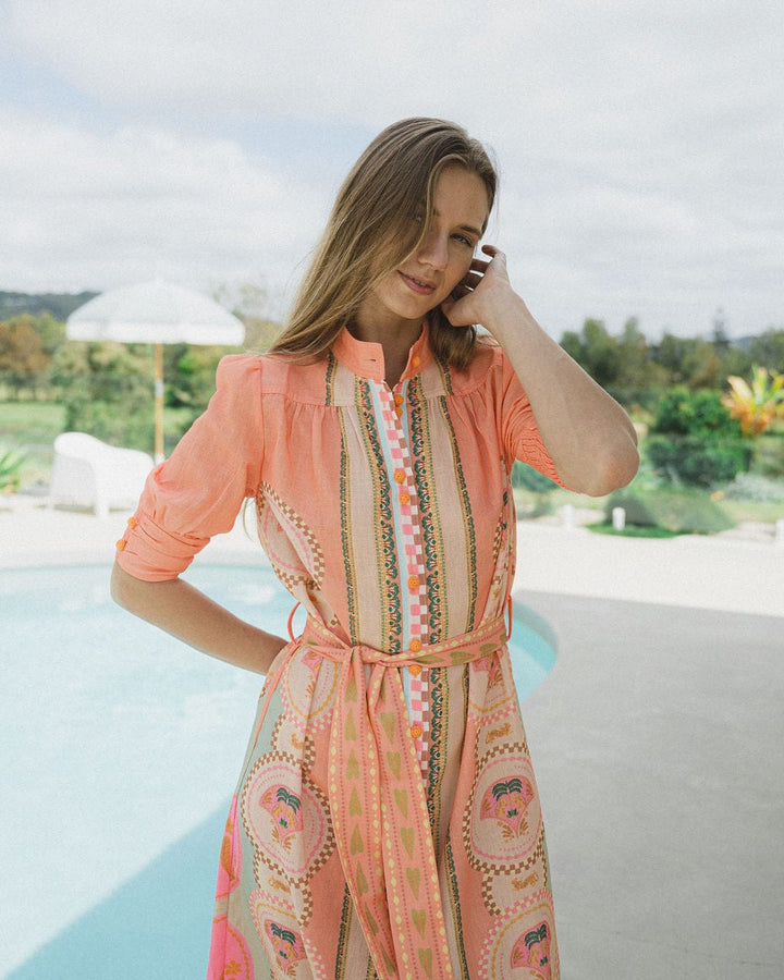 Palm Belted Midi Dress  - Melon