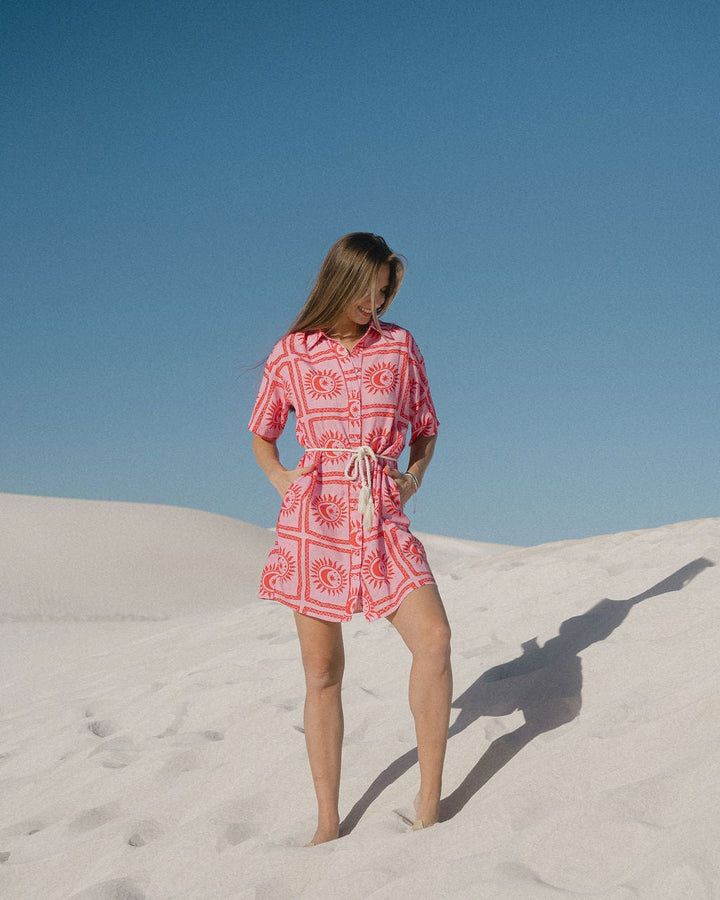 Sunburst Red Sally Dress - Shirt Style with Tie