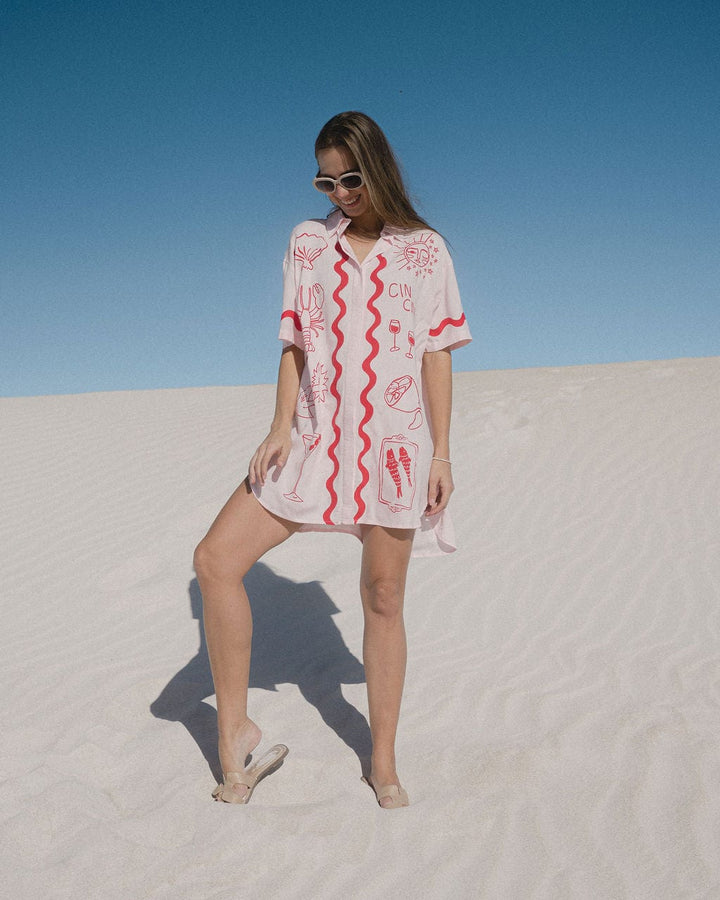 Wine Club Lobster Shirt Dress - Pink