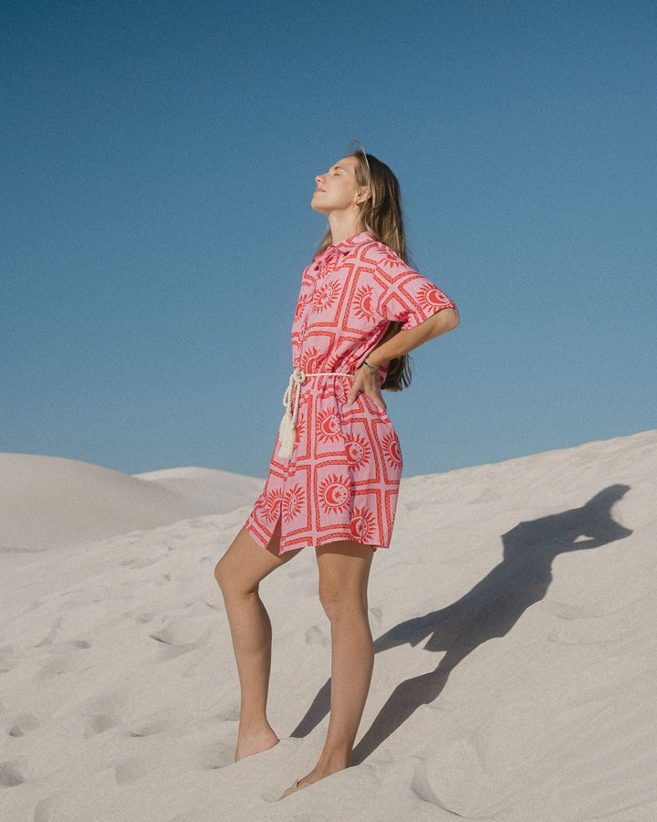 Sunburst Red Sally Dress - Shirt Style with Tie