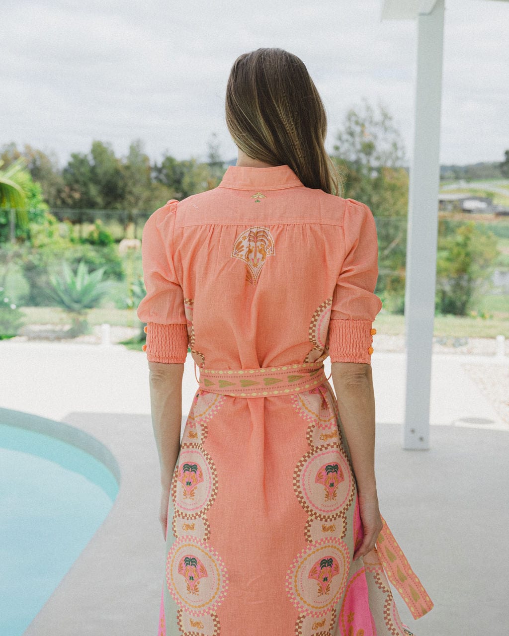 Palm Belted Midi Dress  - Melon