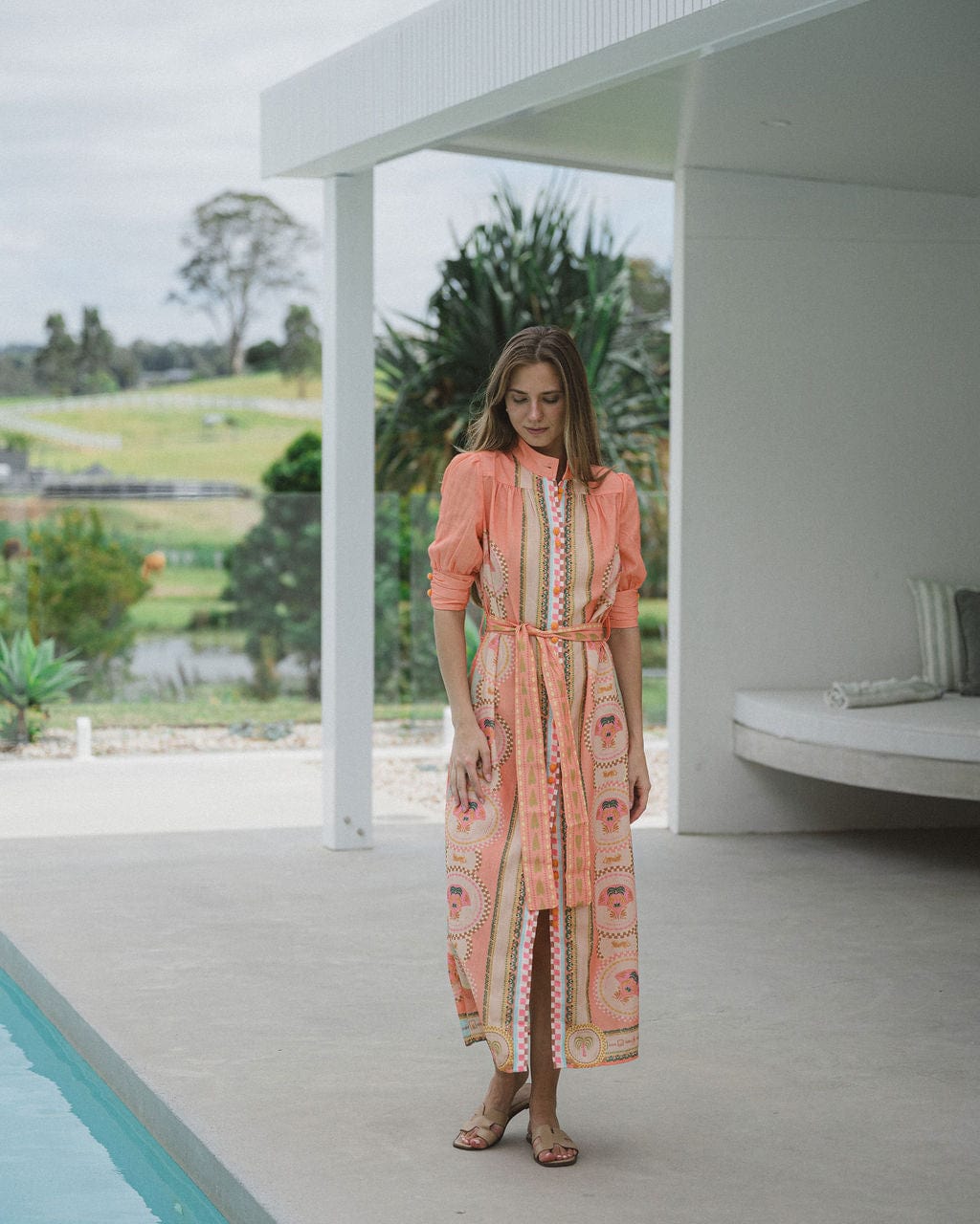 Palm Belted Midi Dress  - Melon