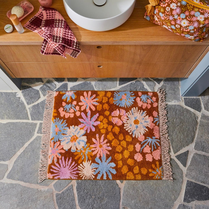 bright and colourful floral bath mat