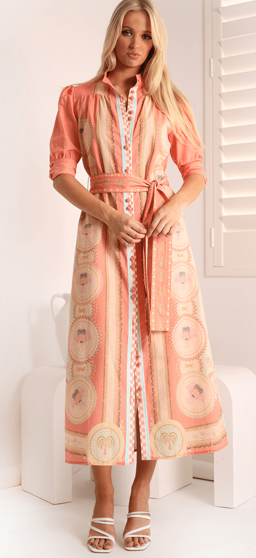 Palm Belted Midi Dress  - Melon