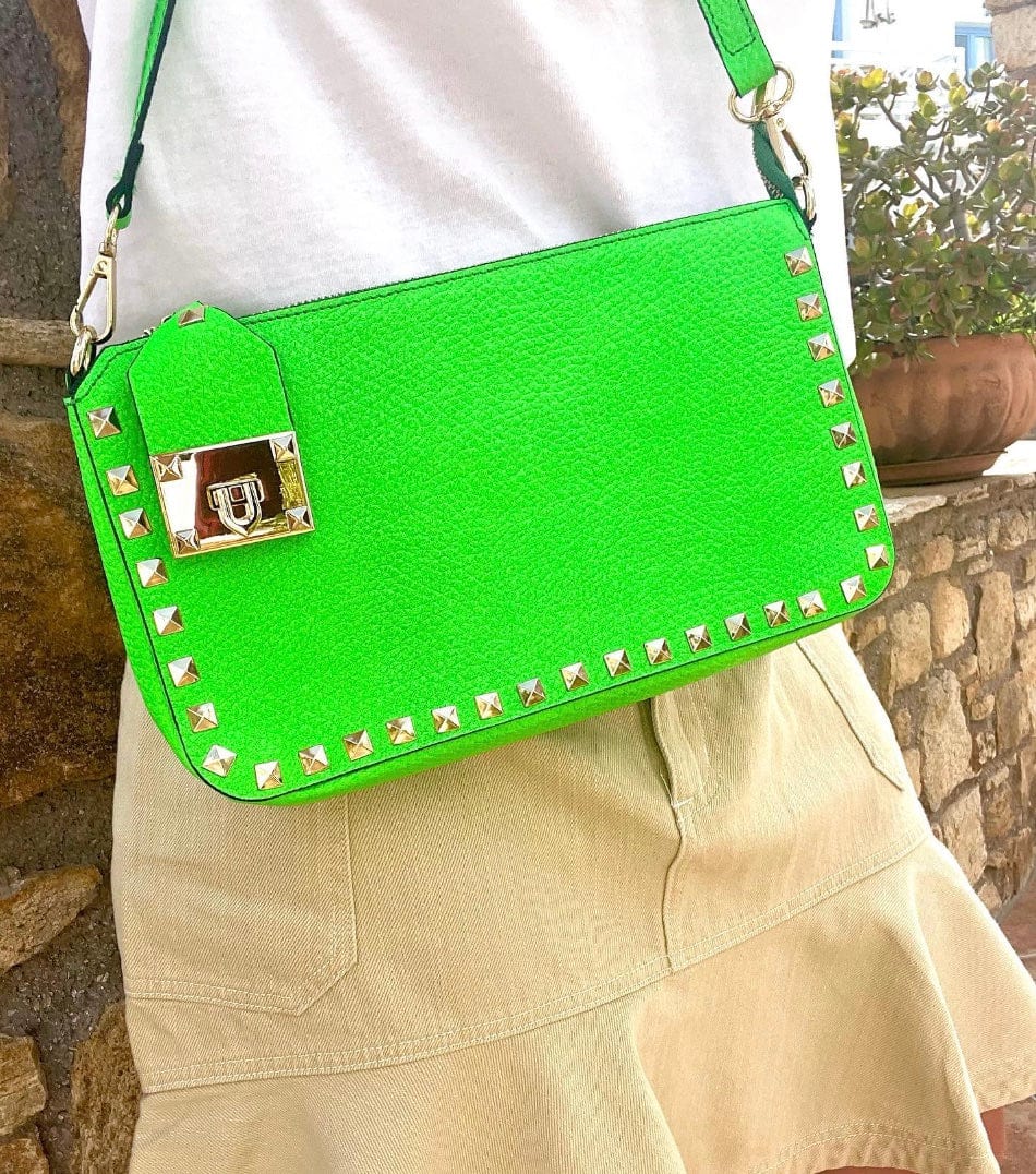 Studio Zee Italian Leather Cross Body Stud Bag - Neon Green