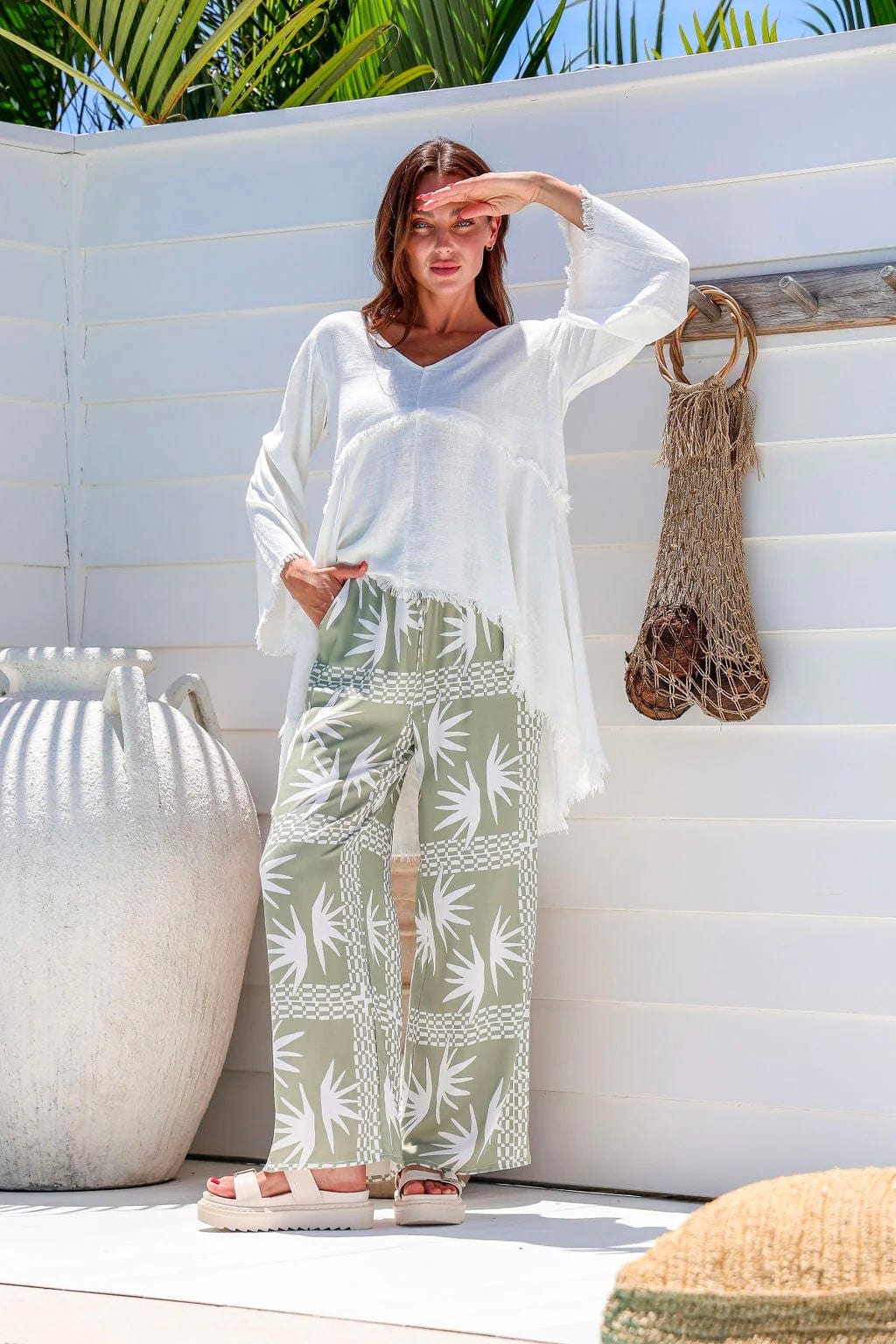 Palm print pants resort wear online