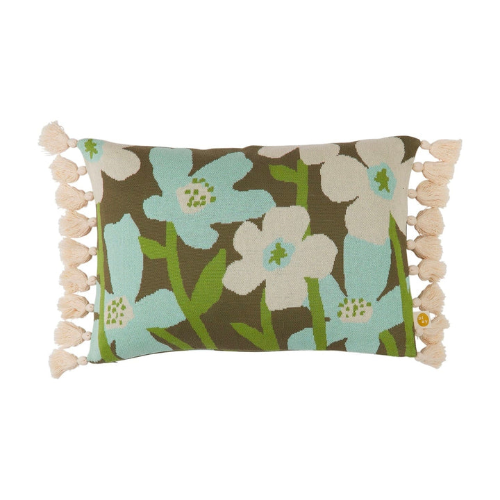 Sutter floral knit cushion with flowers and tassels in blue white and green Sage and Clare