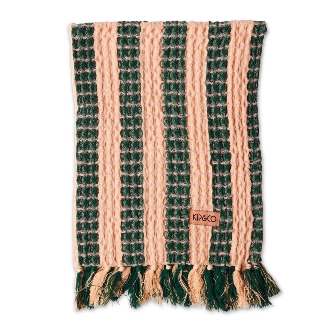 Kip and Co Folklore Waffle Hand Towel - Rose Pink and Dark Green Stripe