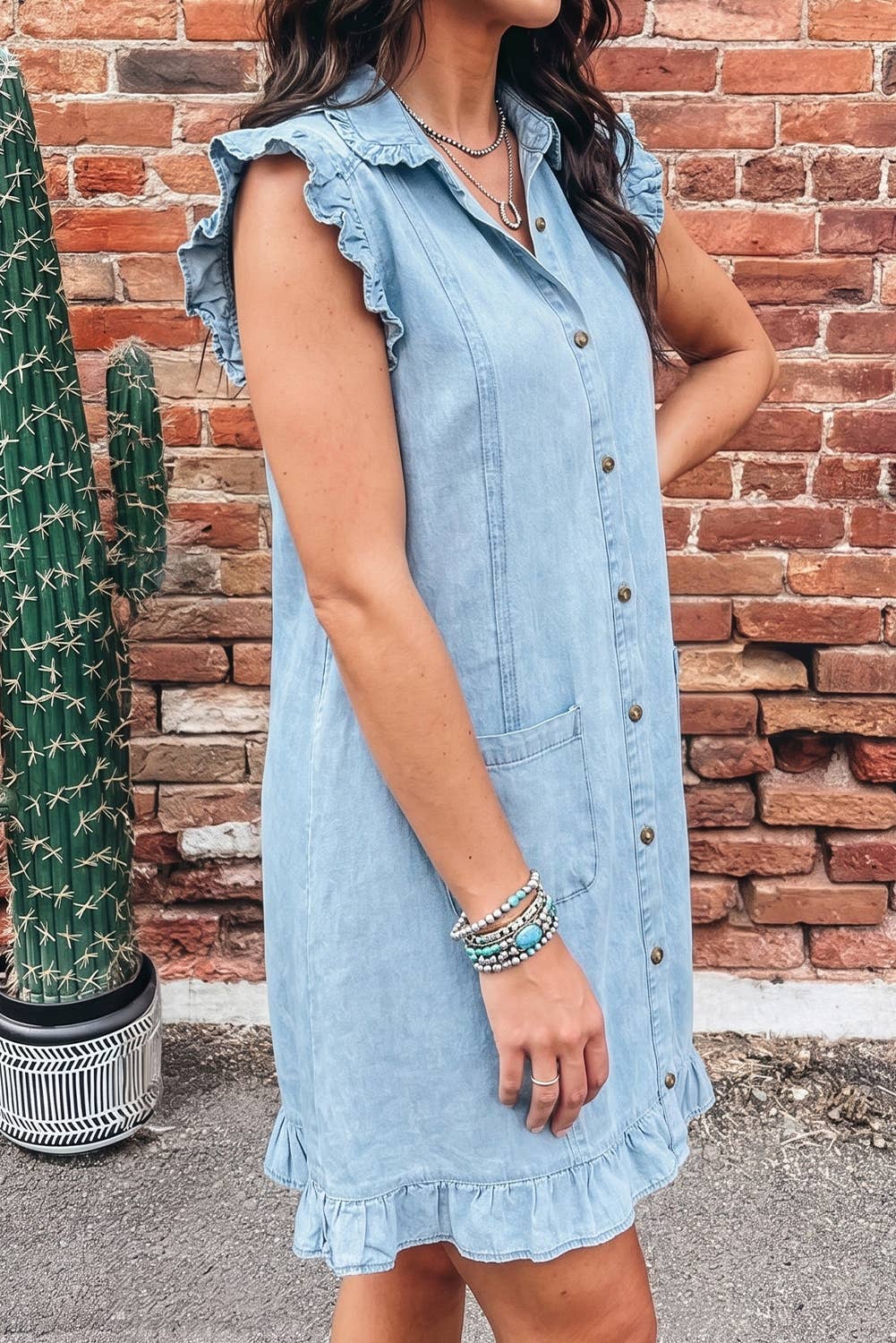 Ruffled Edge Blue Denim Shift Dress