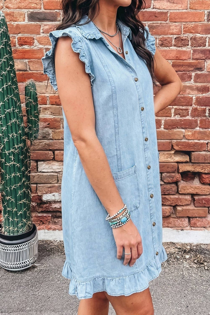 Ruffled Edge Blue Denim Shift Dress