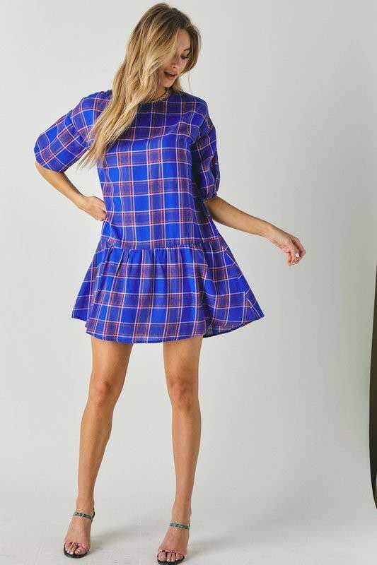 Bayside Blue Tartan Print Drop Waist Dress W/ Puff Sleeves