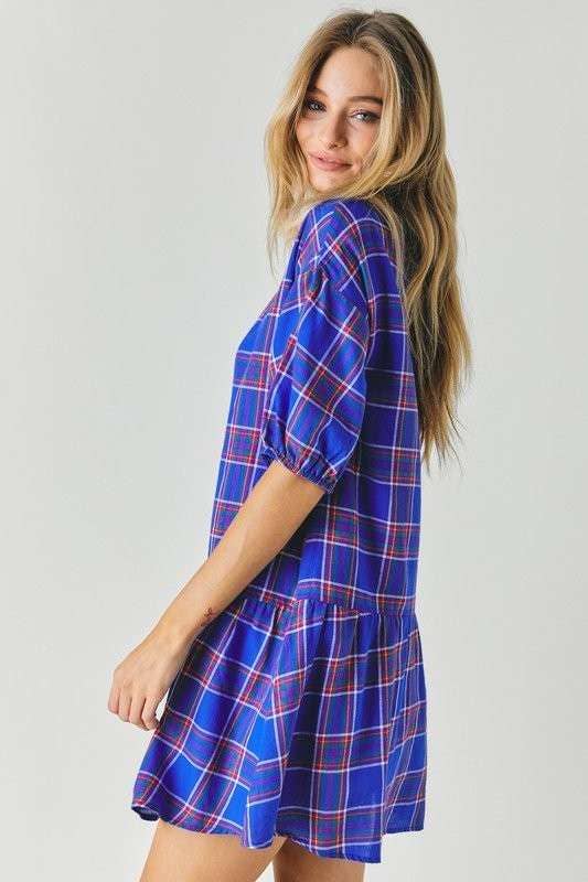 Bayside Blue Tartan Print Drop Waist Dress W/ Puff Sleeves