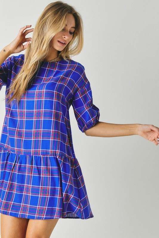 Bayside Blue Tartan Print Drop Waist Dress W/ Puff Sleeves