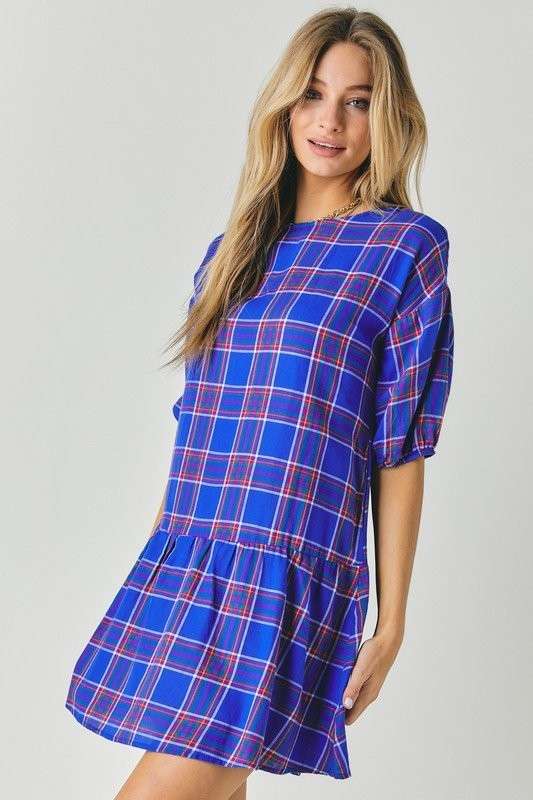 Blue tartan waist drop dress for autumn