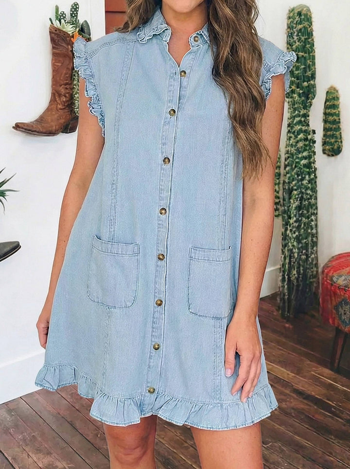 Ruffled Edge Blue Denim Shift Dress