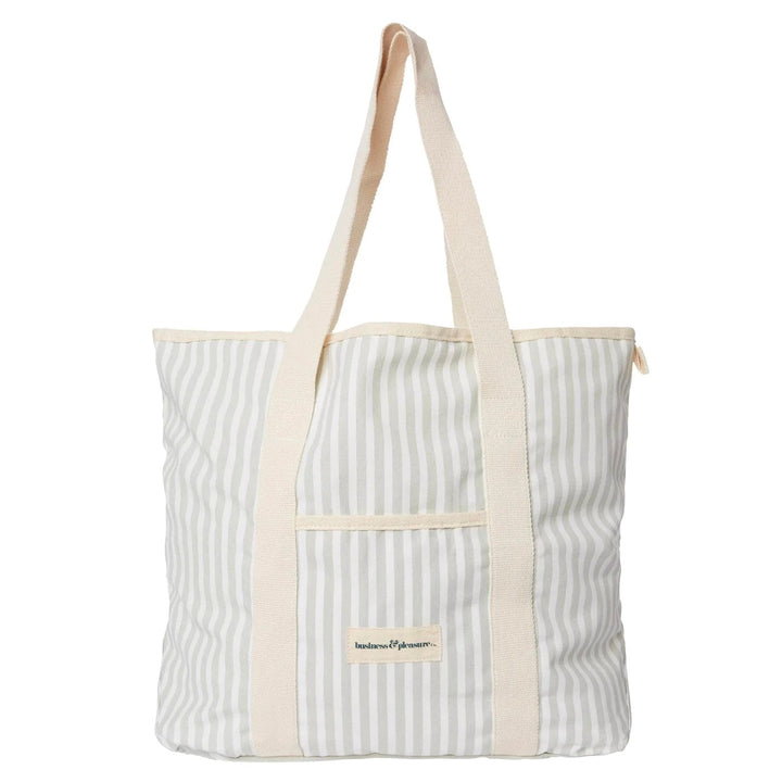 sage green and white striped canvas beach bag
