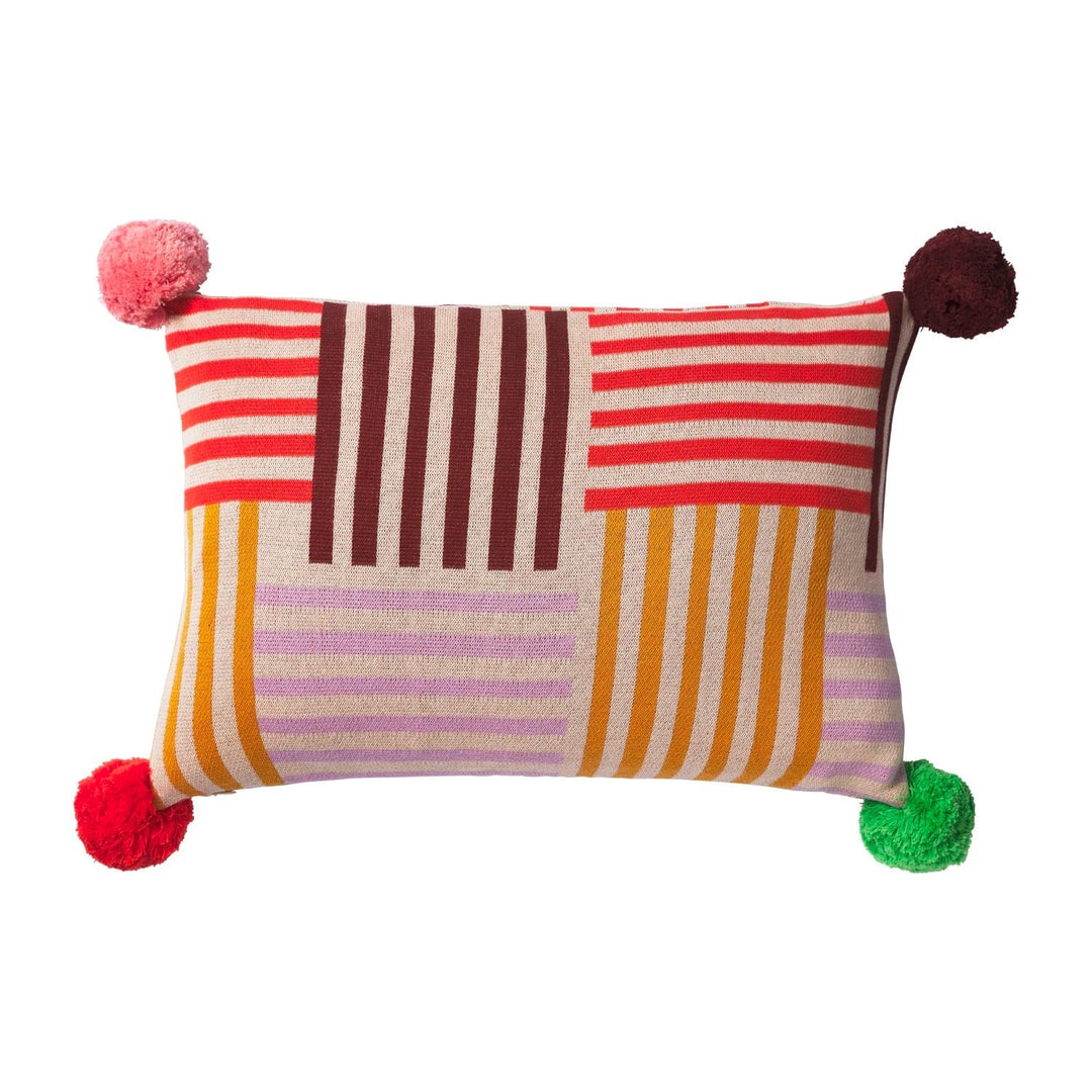 Colourful Giorgia Knit Cushion with stripes and pom poms Sage and Clare